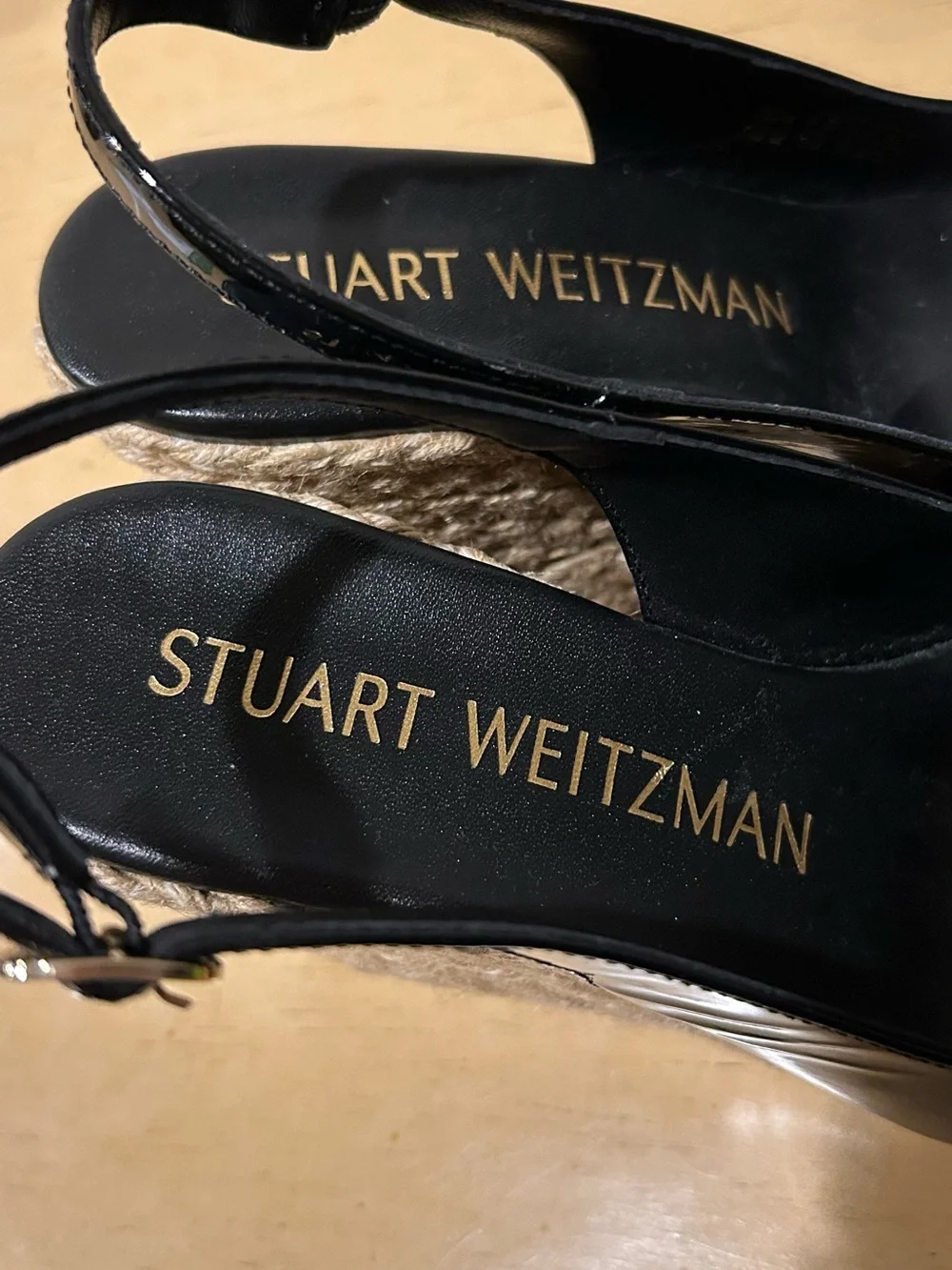 Stuart Weitzman black patent sling back espadrille wedge in size 6.5